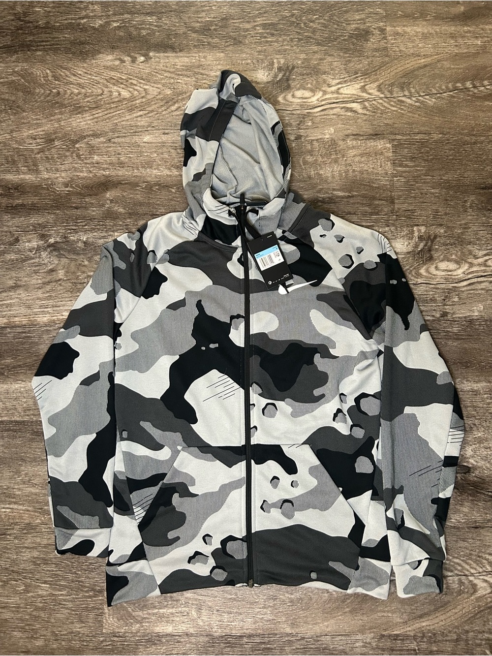Nike Dri-Fit Full Zip Hoodie Men's M Black & Gray Camo Hooded Sweatshirt Jacket